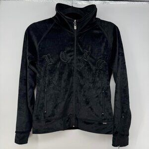 BCBG Y2K Max Azria Women’s Velour Zip Jacket S Black Gothic Embroidered Logo